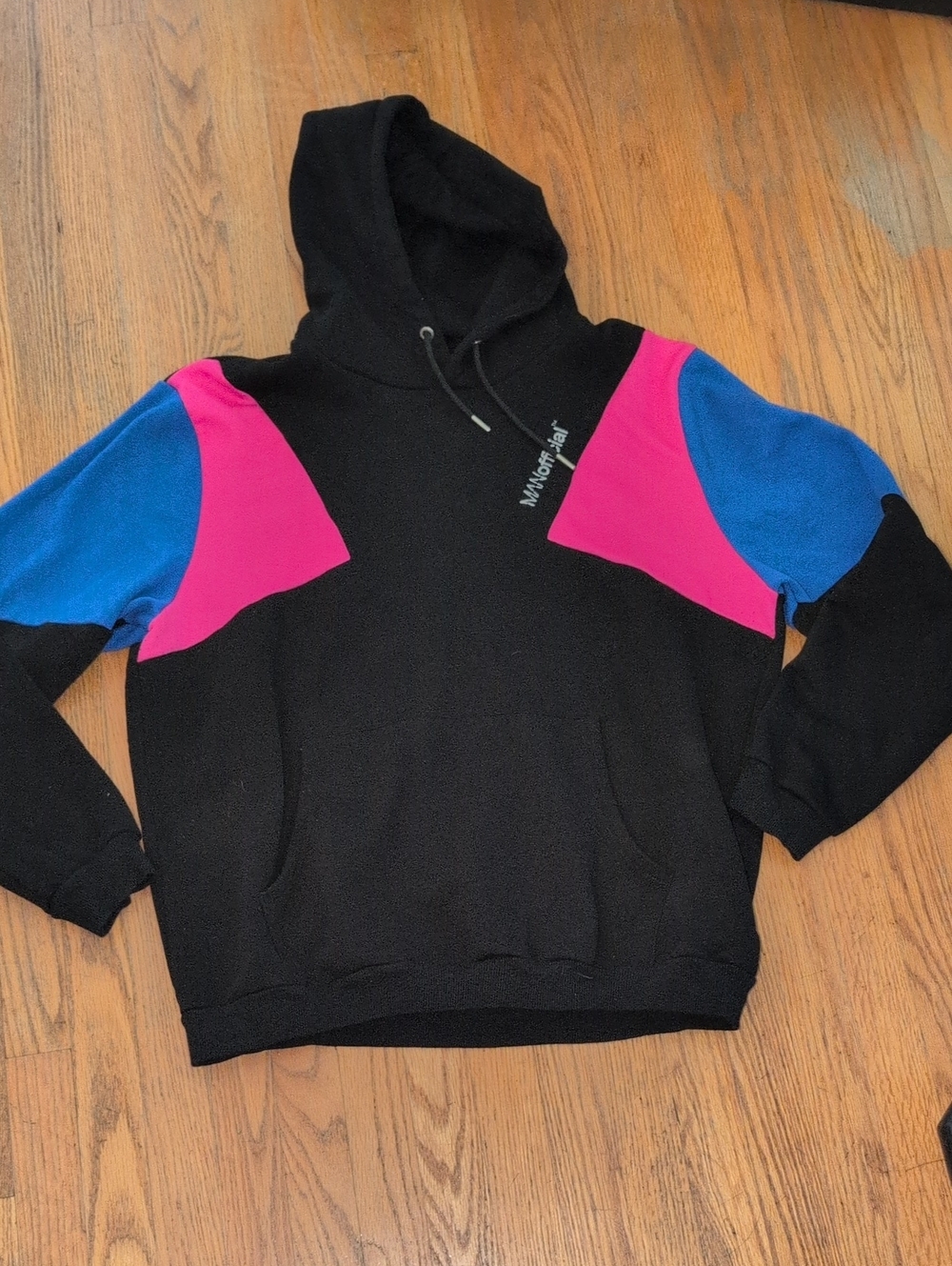 Boohoo Mens Black Hoodie with Pink & Blue Panels